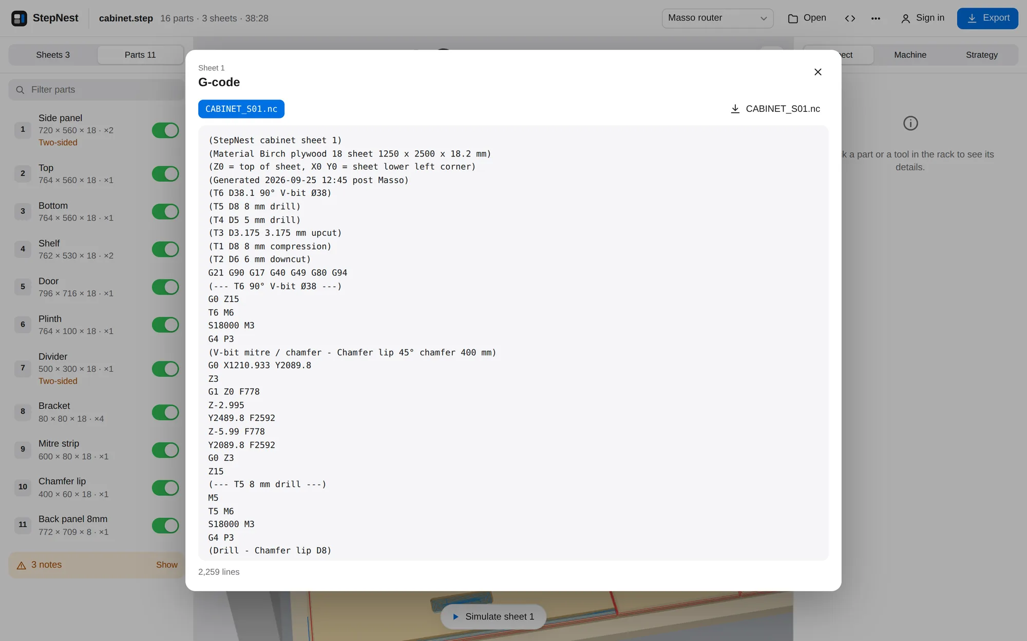G-code viewer showing the program for sheet one