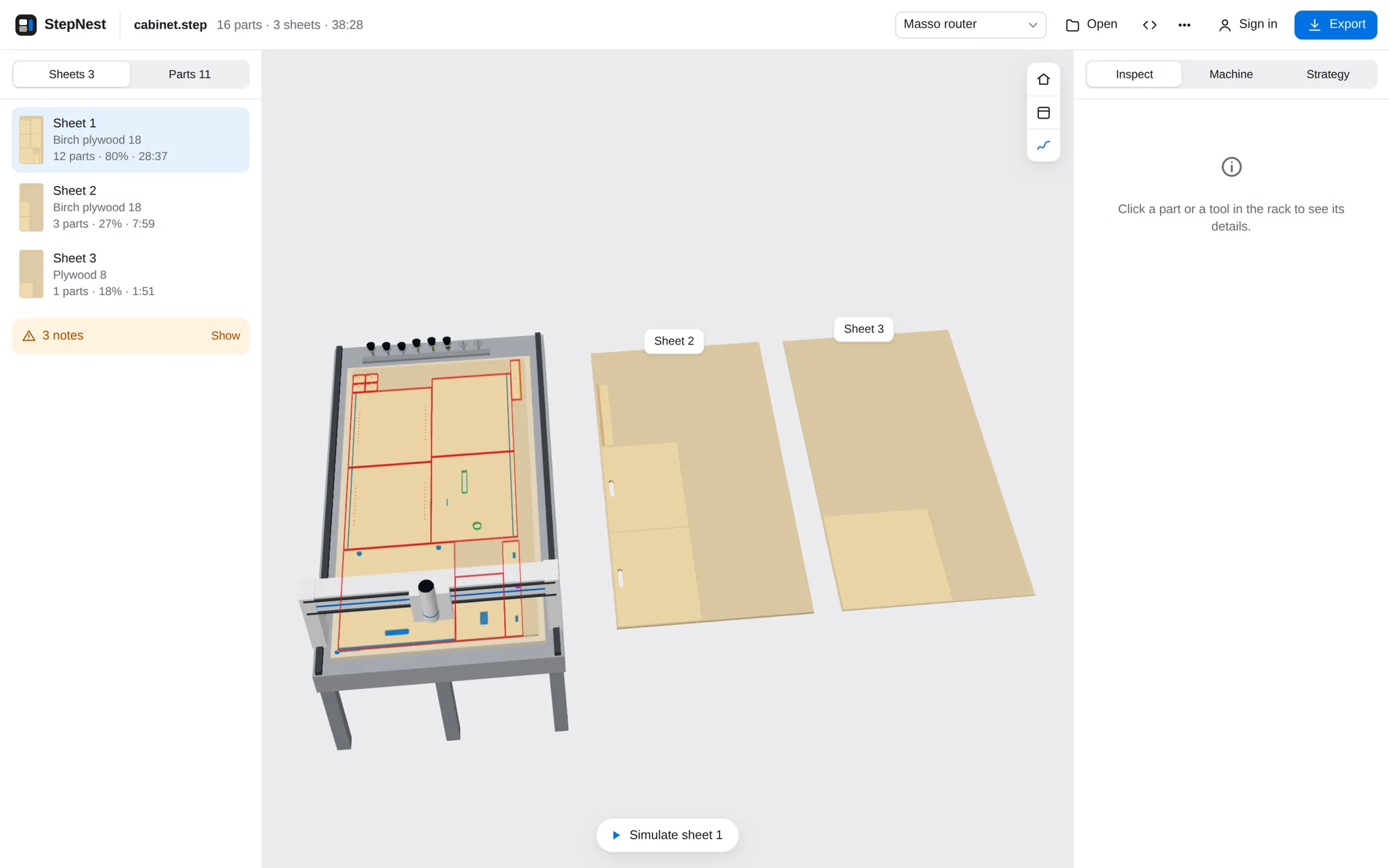 StepNest showing a cabinet nested on three sheets, with the first sheet on a router bed and toolpaths drawn on the parts