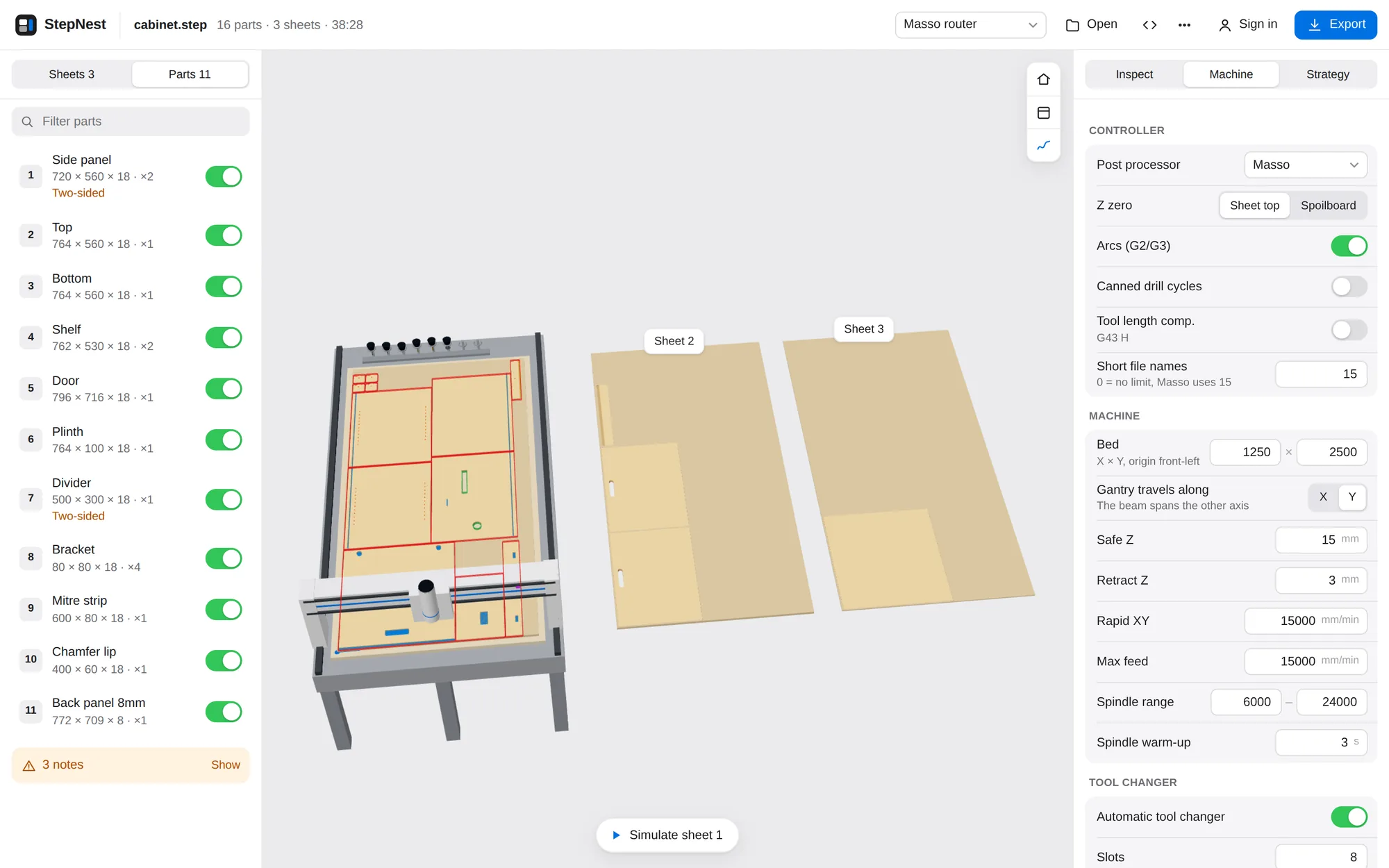Machine settings beside a nested sheet on a router with an eight-slot tool rack