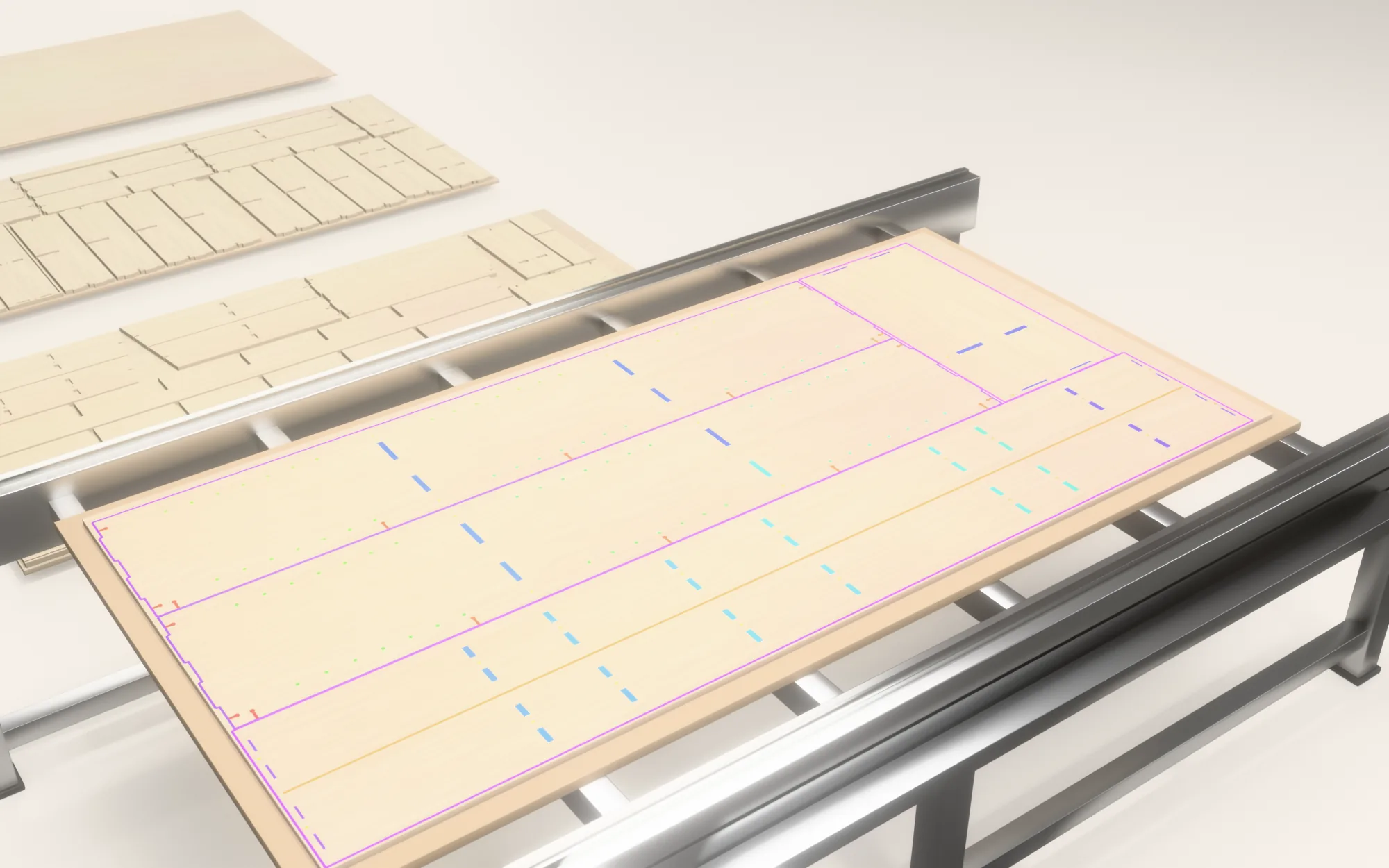 Plywood sheet on a router bed with the parts nested and their toolpaths drawn in a spectrum, more nested sheets behind it