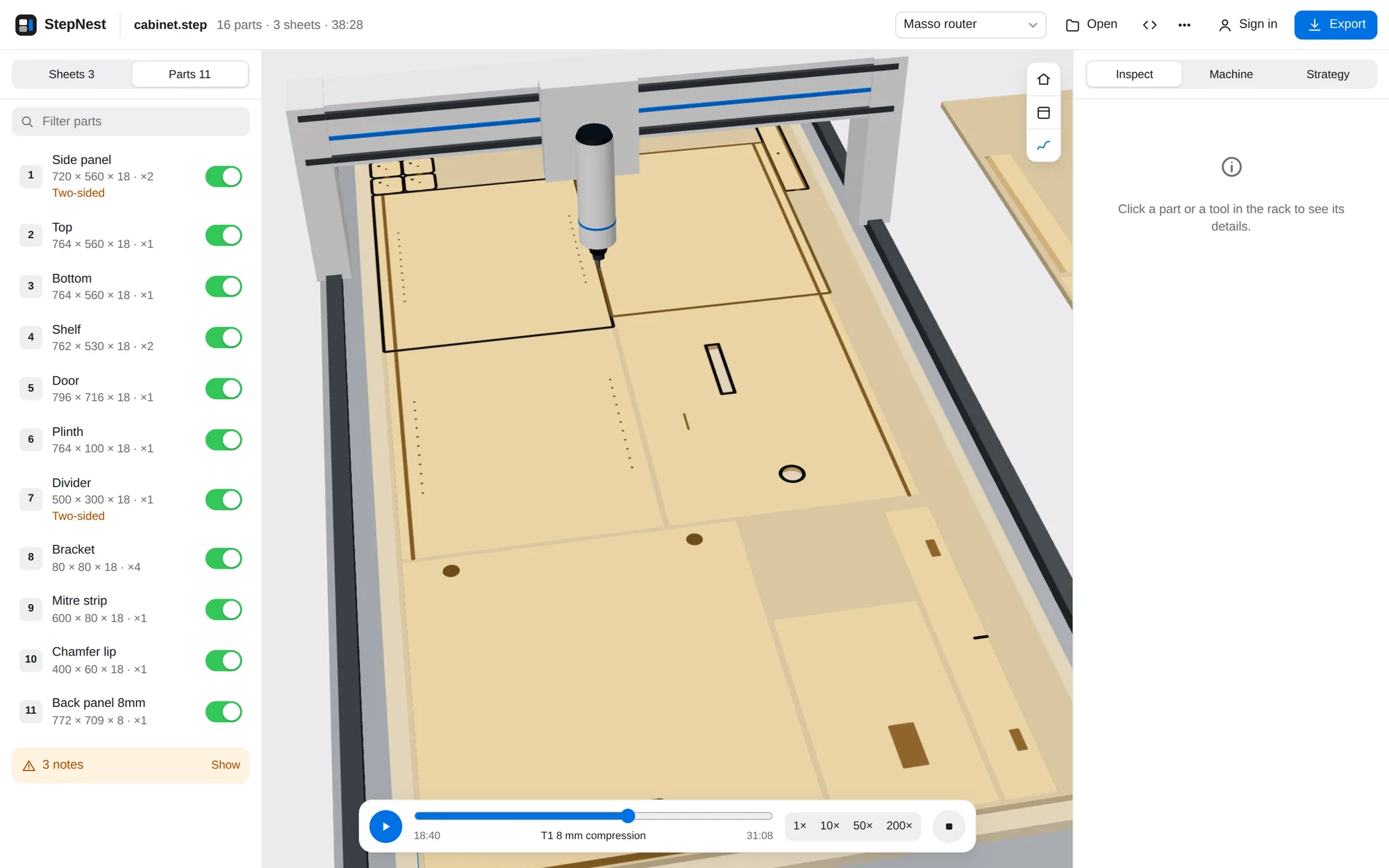 Simulation of the router cutting a sheet with an 8 mm compression cutter